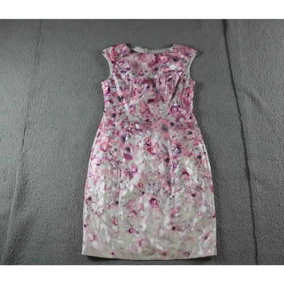 Kay Unger New York Dress 4 Floral Printed Mettalic Sheath Cotton Blend Zip Up - Picture 1 of 6